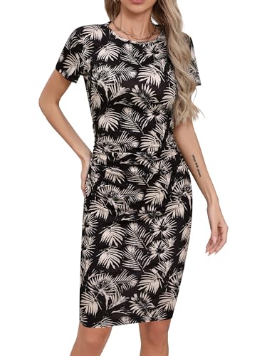 Image of Missufe Women's Short Sleeve Ruched Bodycon Casual Knee Length Floral Dress (Black Floral Short Sleeve, Large)