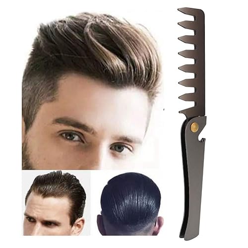 Miniatura 5 de Peine vintage portátil, mango de acero inoxidable, peine ancho plegable, ideal para cabello húmedo o seco para barba, cabello de cabeza, bigote (L)