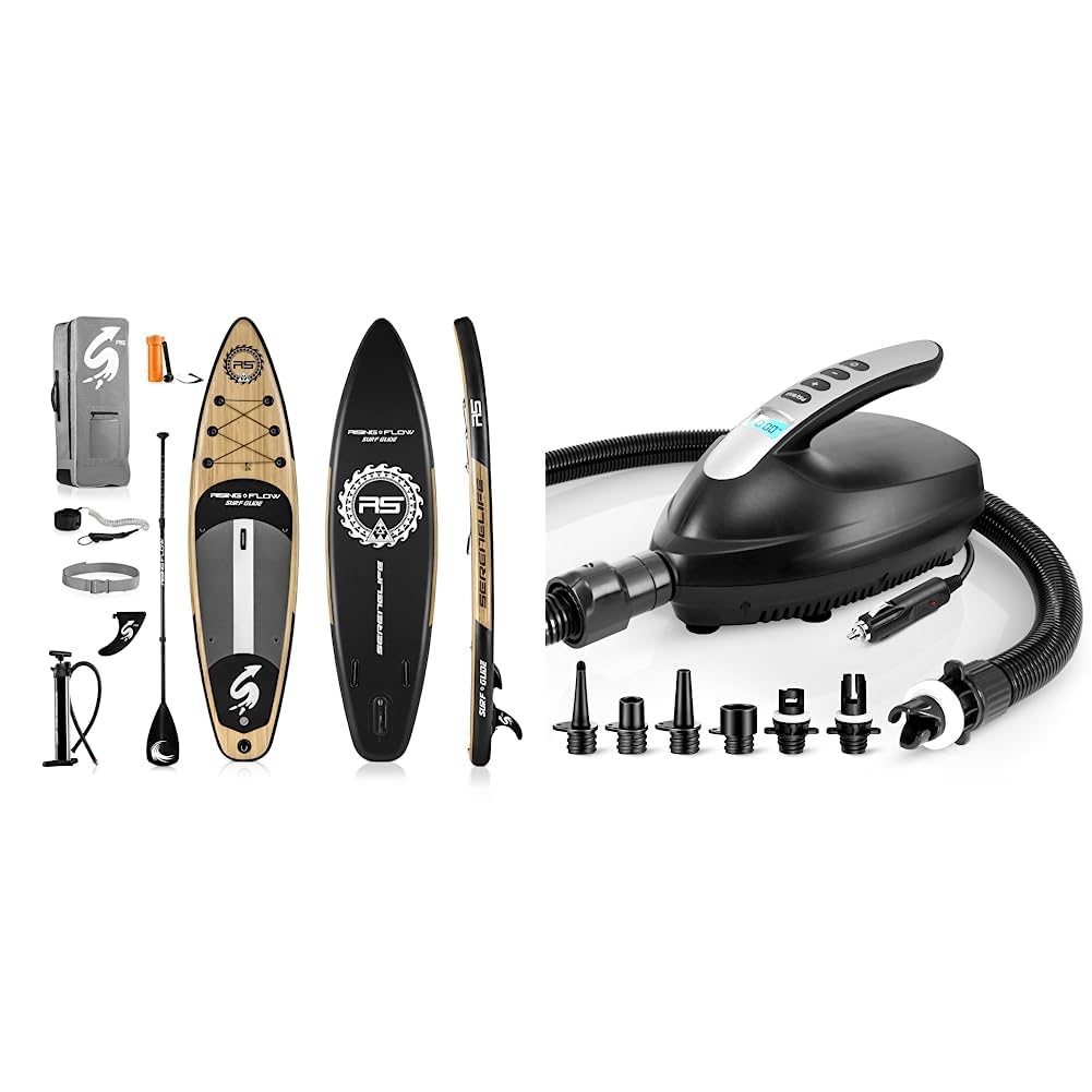 SereneLife Inflatable Stand Up Paddle Board (6 Inches Thick) with Premium SUP Accessories & Carry Bag & Serene Life Digital Electric Air Pump Compressor - 110W 12 Volt Quick Air Inflator w/LCD