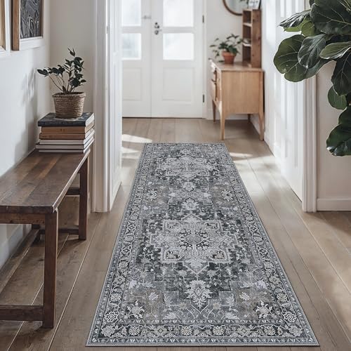 GENIMO 2x7 Runner Rugs for Hallway, Machine Washable Non Slip Vintage Rugs, Low Pile Lightweight Soft Print Rug for enrtyway, Corridor, Home Office, Kitchen,Dark Gray