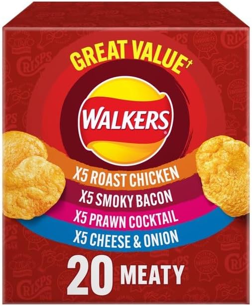 Walkers.Meaty Variety Multipack Crisps Box 20 x 25g Assorted Flavors for Ultimate Snacking