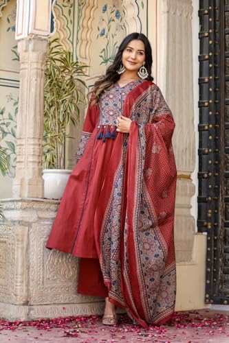 Image of Stylum Women's Ajrakh Printed Cotton A-Line Kurta Pant Dupatta Set