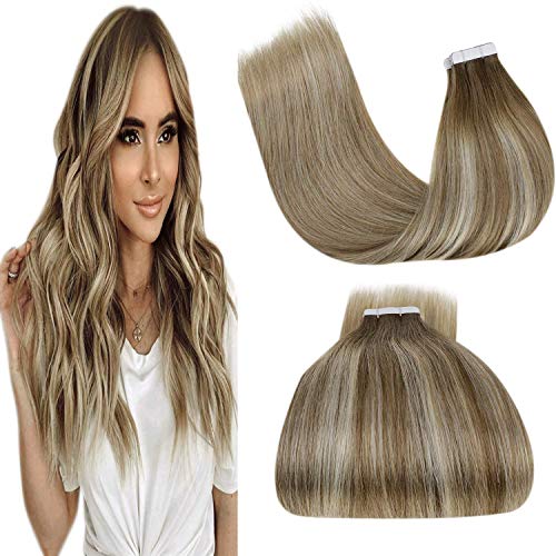 LaaVoo Tape in Hair Extensions Balayage Blonde Real Human Hair Tape in Extensions Balayage Light Brown Ombre Platinum Blonde Tape in Remy Hair Extensions Straight Double Sided 18” 20Pcs 40g