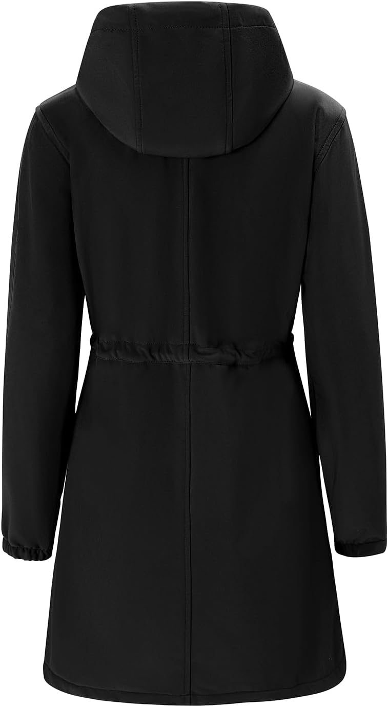 FARVALUE Women's Long Softshell Jacket Waterproof Lightweight Warm Windproof Hooded Fleece Lined Rain Coat for Outdoor