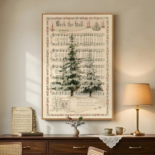 Framed Music Wall Art, Neutral Vintage Sheet Music Canvas Prints Artwork for Walls, Rustic Tree Picture for Hallway Entryway Bedroom Dining Room Office Living Room Wall Decor, 24x36 In