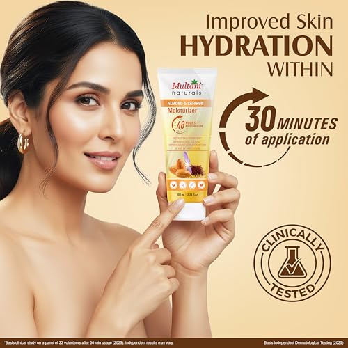Image of Multani Naturals Moisturizer Almond & Saffron (100 ml) Face & Body | Dermatologically Tested | 48-Hours Moisturization & Skin Brightening | Ayurvedic Formula with Shea Butter & Kokum Butter | Non-Greasy & Paraben-Free | for All Skin Types