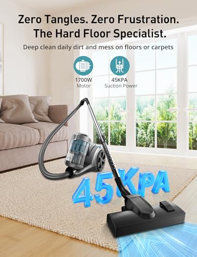Image of Aspiron 1700W Canister Vacuum Cleaner, 45Kpa Bagless Vacuum Cleaner, Multi-Cyclonic Filtration, 2 Anti-Allergen HEPA Filters, 3.5QT Dust Cup, 4 Tools, No Hair Tangles for Hard Floor, Pet Hair, Teal