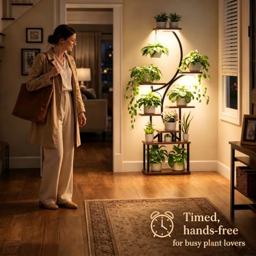 Image of Plant Stand with Grow Lights for Indoor Plants, 8-Tiered Tall Corner Plant Shelf with Full Spectrum Light, S-Shaped Space-Saving Narrow Flower Holder, Anti-Tip for Living Room Bedroom Office, Brown