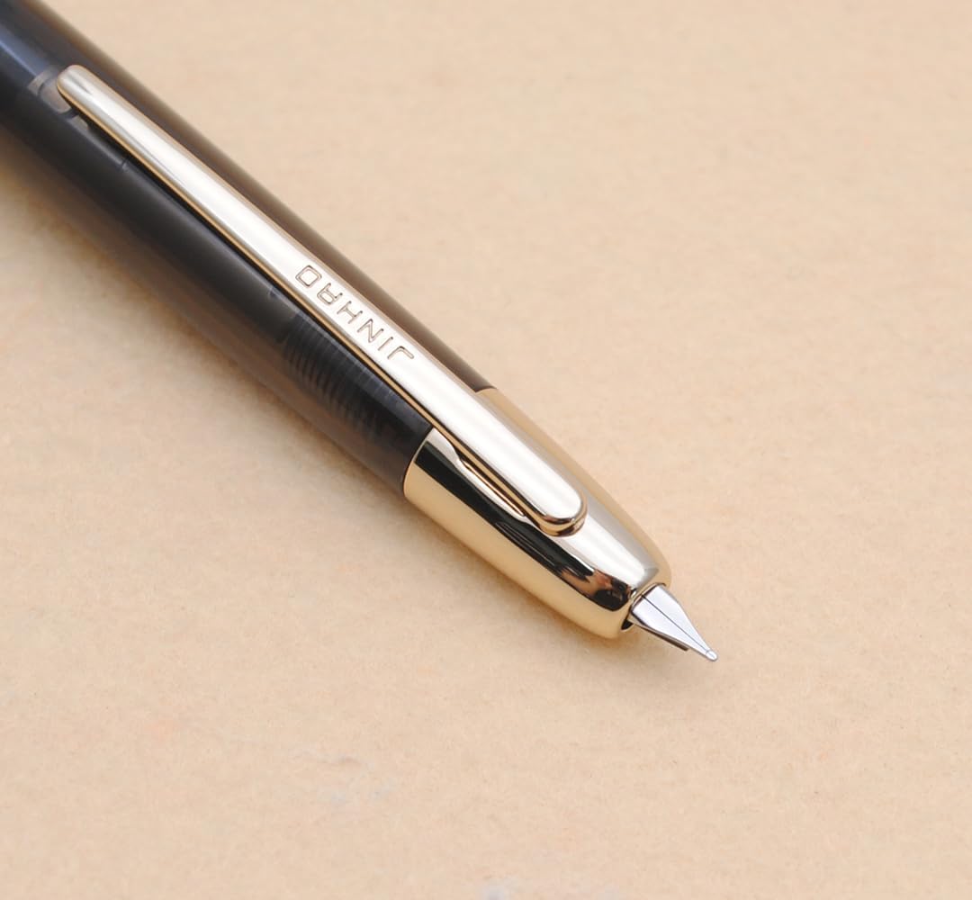 JINHAO 20 Press Fountain Pen, Retractable Capless Resin Pen with Ink Converter (F Nib 0.5mm, Transparent Black - Gold Clip)