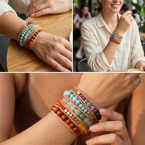 YGLINE Boho Handmade Wrap Leather Tube Crystal Stone Bracelet for Women(chakra beads) - image 2