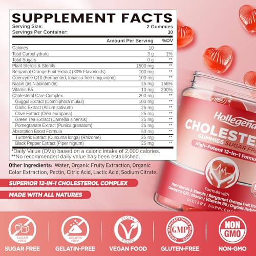 HOLLEGEND 12-In-1 Cholesterol Supplements Gummies, 1500mg Plant Sterols for Cholesterol Health, Plus Citrus Bergamot, CoQ10 & Vitamins for Heart Health, Vegan, Sugar Free, Mixed Berry Flavor, 60 Chews