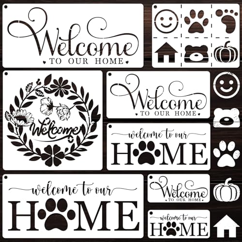 NUVCELKA Welcome Home Stencils 8 Pack, Multiple Sizes Welcome Sign Templates for Painting Wood Door Mats Porch Decor Housewarming Gifts