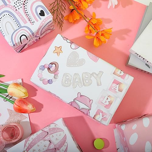 Dtiafu Baby Shower Wrapping Paper for Baby Girl - 12 Sheets Pink Gift Wrap with Baby Feet Bear Unicorn Rainbow Princess Shoes Designs - 20 x 28inch Per Sheet - Thumbnail 5