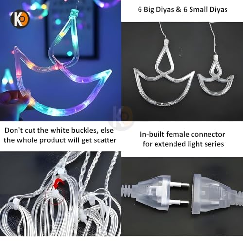 Image of K D 6+6 Diya Multi Curtain LED String Lights, 138 LEDs (3.5 ft Length + 0.5 FT Length After Adapter = 4ft) with 8 Modes Indoor Outdoor for Home, Diwali, Christmas (Big String Diya 6+6 Multi)