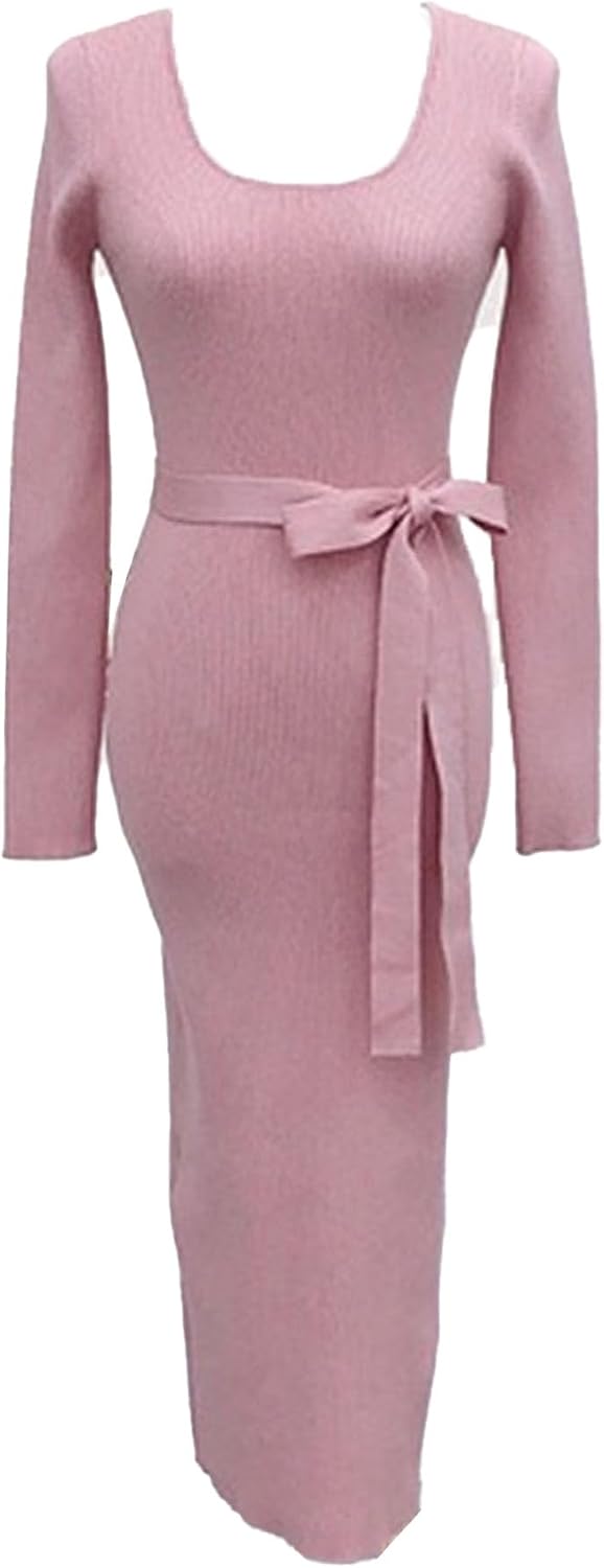 Womens Sweater Dress Long Sleeve Ribbed Knit Tie Waist Dress Bodycon Pullover Fall Sweater Mini Dresses with Belt