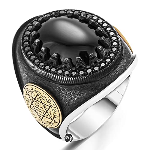 Solid 925 Sterling Silver Seal of Solomon Design Onyx Stone Men's Ring