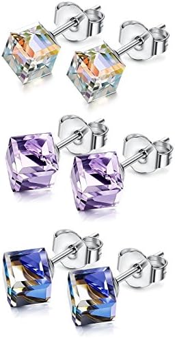 KesaPlan Aurora Borealis Square Stud Earrings Set for Women Made with Swarovski Crystals Stud Earrings Set 3Pairs
