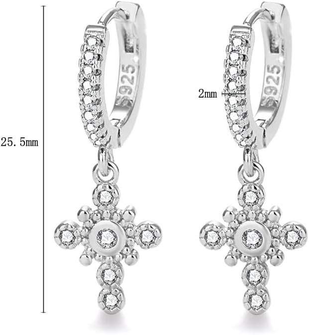 Cross Dangle Hoop Earrings Huggie Hoops Silver Cross Pendant Drop Hinged Hoop Earrings - Image 5