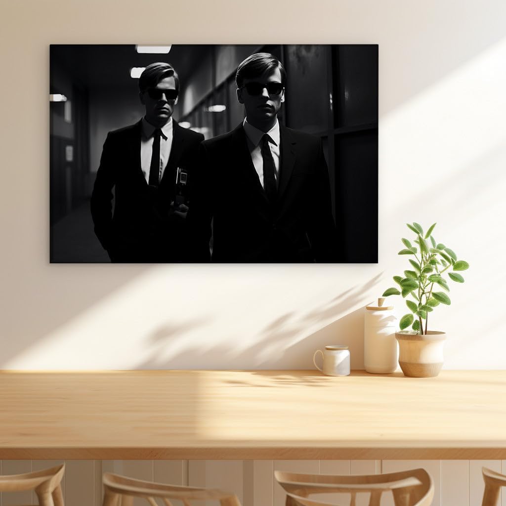 Canvas for Living room. Mysterious Encounter in Monochrome: Two Suited Men and the Enigma of Shadows, 27 x 18 inch Canvas Wall Art - Foreground And Background - Modern Home Decor