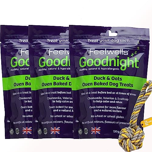 Calming Dog Treats Feelwells Bedtime Biscuits for Dogs Bundle includes Duck and Oats Calming Treats 130g x3, Rope Ball Dog Toy x1
