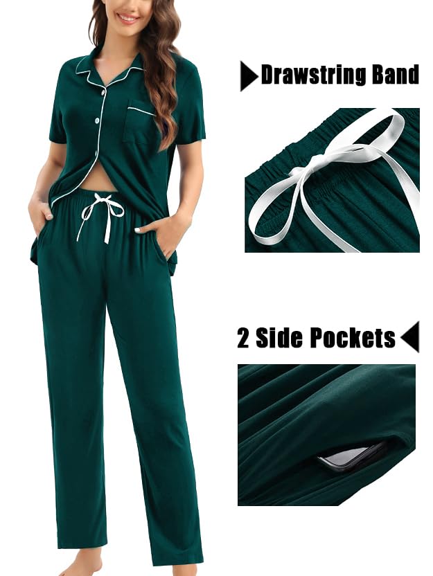 Image of SWOMOG Womens 3pcs Button Down Pajamas Set Short Sleeve Sleepwear Bride Pj Lounge Set with Long Pants
