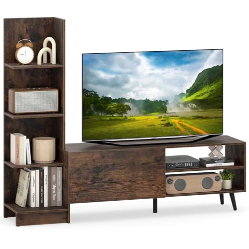KOMFOTTEU Mobile TV per TV fino a 50', 2 in 1 Panca TV e Librerie con ripiani laterali e armadio a porta, mobile multifunzionale per soggiorno camera da letto e ufficio (marrone)