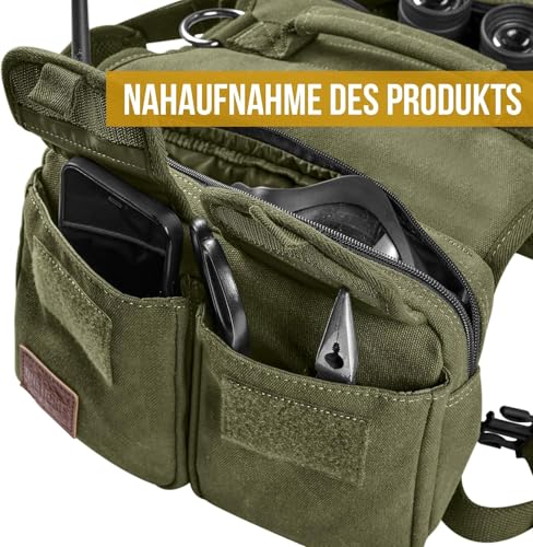 OneTigris Hundegeschirr mit Tasche, Hoppy Camper 3.0 Camping Wandern Hunderucksack für für Mittlere/Große Hunde, Rucksack für Hunderücken 2 Haupttaschen 4 Nebentaschen - Grün M