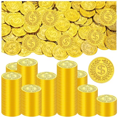 XGHSHW 300 Pcs Plastic Gold Coins Treasure Pirate Fake Coins Carnival Halloween Party Favors 1.4 in Fake Money Pirate Party Decoration Birthday Adventure Themed Supplies