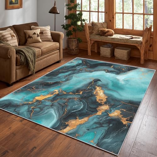 Tapete decorativo moderno 7x10 pies teal y dorado