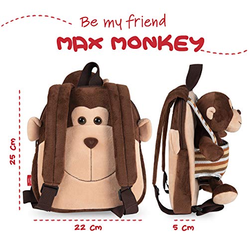 PERLETTI Kuscheltier Affe Rucksack Kleinkinder mit Plüsch Abnehmbar Weich - Kinderrucksack Plüschtier für Kindergarten Kinder 3 4 5 Jahren - Äffchen Plüschspielzeug Kindertasche - 22x25x3 cm (Affe)