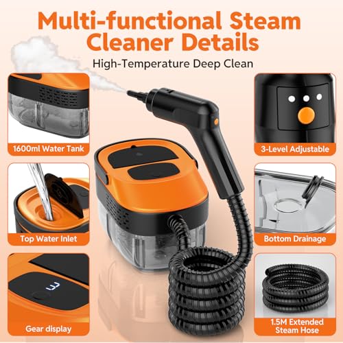 Image of Steam Cleaner for Home & Car, 15s Fast Heat Handheld Steamer for Cleaning, 1.6L Large Tank, 3-Level Steam Control with 16-Piece Accessories Kit for Floors, Couches, Tiles, Grout, Dirt, and Grease