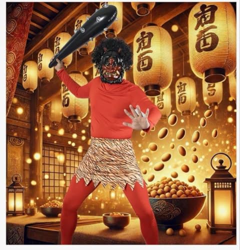 鬼コスチューム オレンジ トラ柄 節分用 赤鬼 青鬼仮装 7点セット M - 画像2