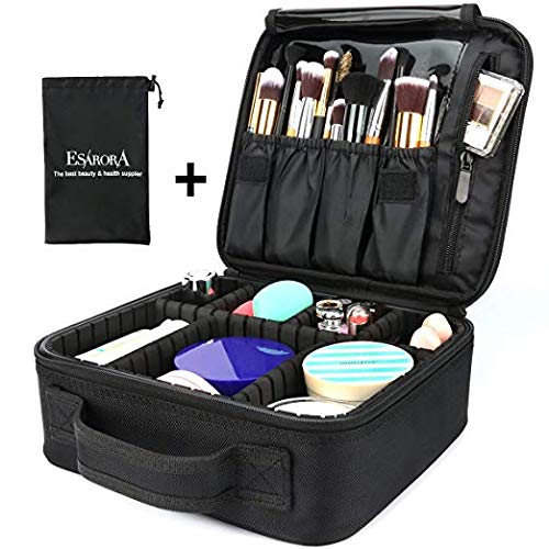 Travel Makeup Bag, ESARORA Portable Travel Makeup Cosmetic Case Organizer Artist Storage Bag with Adjustable Dividers for Cosmetics Makeup Brushes Toiletry Jewelry Digital Accessories