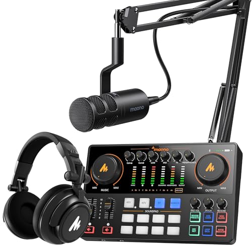 MAONO Podcast Equipment Bundle: Audio Interface, XLR Dynamic Mic and Headphones with Dual XLR Input, Quick to Mute, Noise Reduction, 8 Customize soundpads for Podcast Recording, Streaming, YouTube