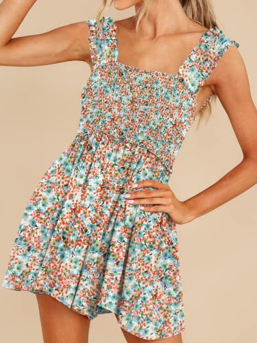 Deep Self Rompers For Women Dressy Summer Boho Floral Sleeveless Square Collar Ruffle Straps High Waist Wide Leg Flowy Shorts Jumpsuit With Pockets Blue Floral #TOP2