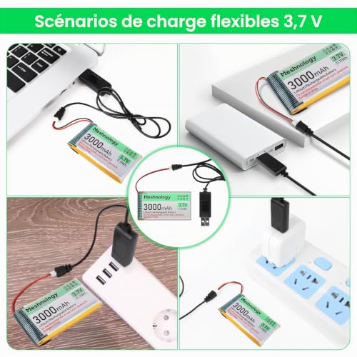 Meshnology Lot de 4 batteries LiPo 3,7 V 3000 mAh avec câble de charge USB 103665 1S avec panneau de protection, ruban en caoutchouc isolé et prise micro JST 1,25 pour Arduino ESP32 Module Board Drone – vue 5