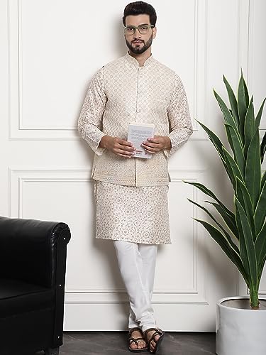 Image of Sojanya (Since 1958 Men'S Silk Blend Kurta Pyjama & Nehru Jacket Combo