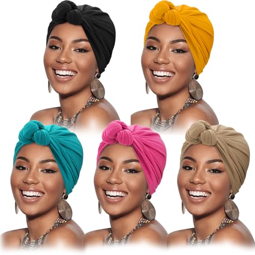 Image of DRESHOW 5 Pack Knotted Headwraps for Women African Turban Pre-Knotted Beanie Headwraps Hair Covers