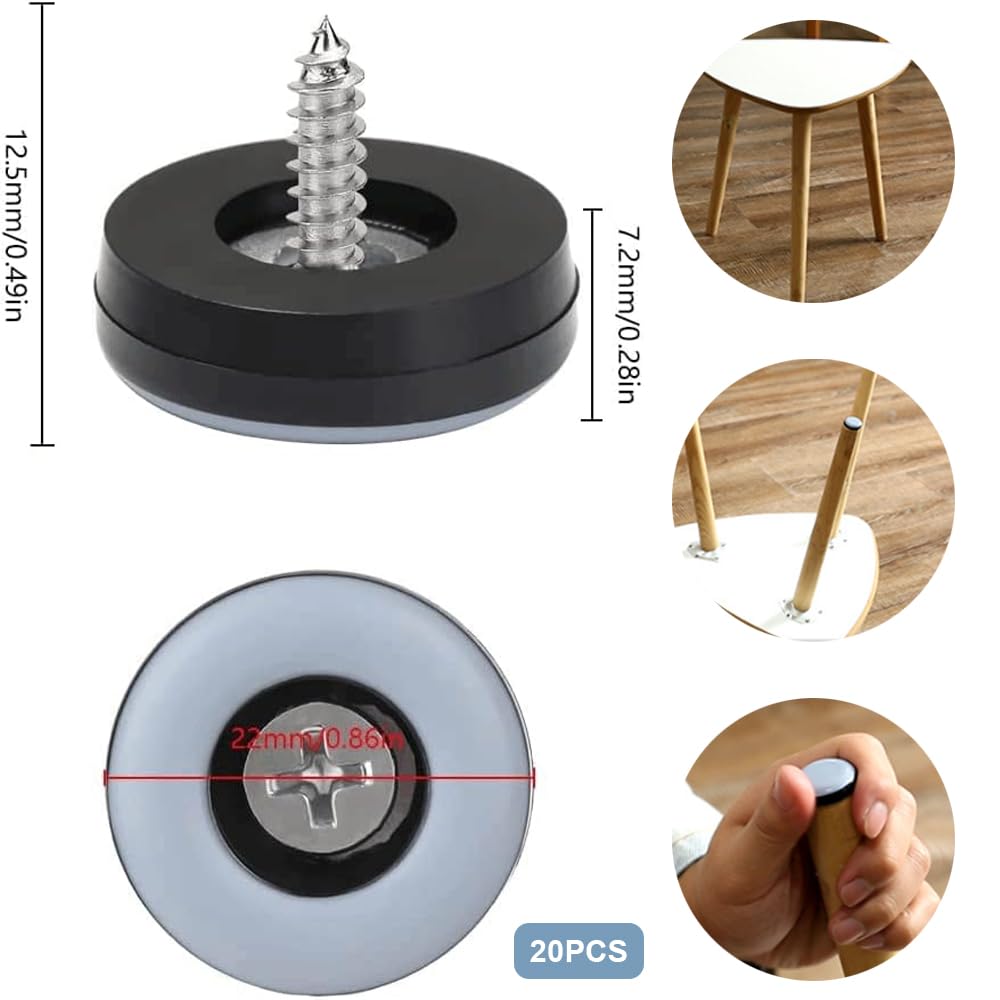 20 sztuk ślizgaczy teflonowych do wkręcania, podkładki podłogowe Ø 22 mm z 20 sztukami śrub ze stali nierdzewnej, ślizgacze meblowe PTFE, podkładki pod krzesła, skuteczna ochrona mebli, krzeseł,