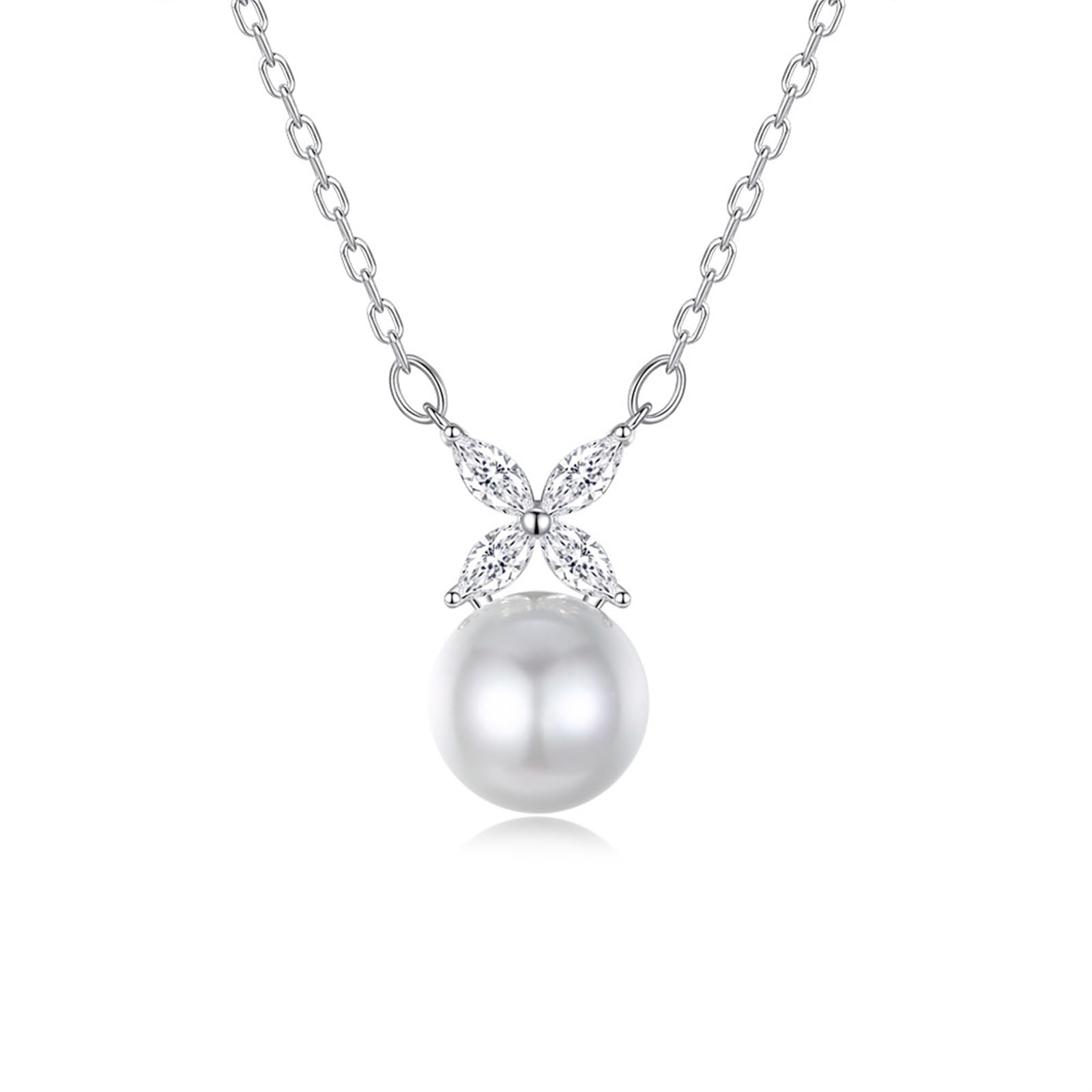 Collar de oro blanco para mujer, flor de moissanita y colgante de perlas de 8 mm, collares con colgante de 40 + 5 cm