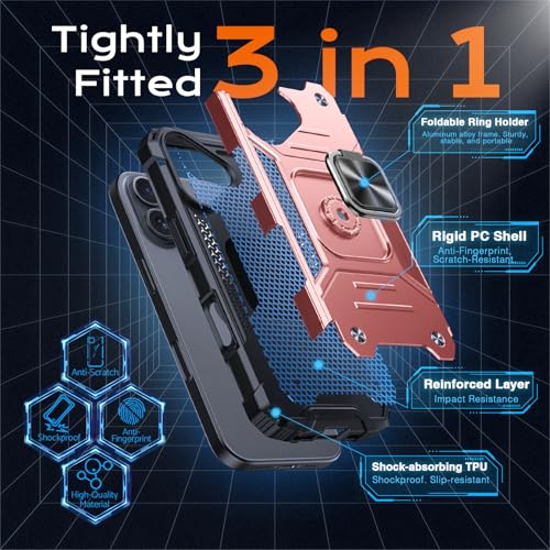 Image of Anqrp Heavy Duty Case for iPhone 16 Case with Enhanced Ring Holder Grip Stand, Military Grade Shockproof Rugged Drop Protective Silicone Hard Slim iPhone 16 Phone Case Cover,Pink Gold