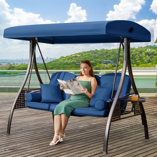 Image of 3 in 1 Outdoor Porch Swing with Adjustable Canopy, 3 Seat Outdoor Swing for Adults, Patio Swing Chair with Thickened Cushions,Pillows & Cup Holders for Backyard, Porch, Garden (Blue)
