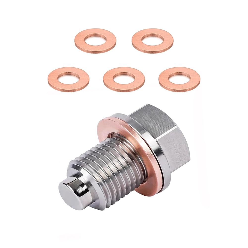 Pomoflexi M14 X 1.5 Magnetic Oil Drain Plug, Sump Drain Nut Bolt with 5 Crush Washer Gaskets,Leak-Proof Oil Drain Plug Replacement