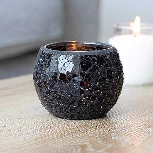 Black Crackle Glass Candle Holders - Small Lustre Mosaic Glass Single Tea Light Candle Burner Aroma Gift Flared Lamp, for Women Men