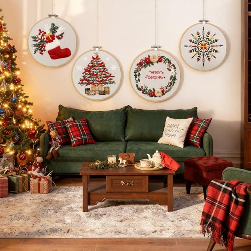 Image of CYANFOUR 4 Pack Christmas Embroidery Kit for Beginners, with Step-by-Step Instructions and Clear Videos, Includes Multiple Accessories, Gift for Craft Lovers.