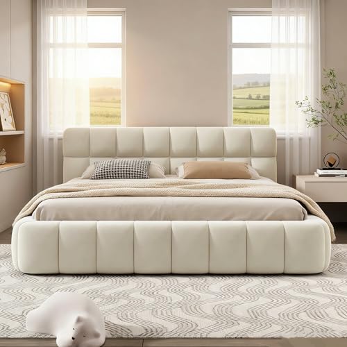 BRILVERDE Letto basso imbottito 140x190, Letto tatami con testiera, struttura letto con rete a doghe, letto per ragazzi, in lino, senza materasso (Beige, 140 x 190 cm)