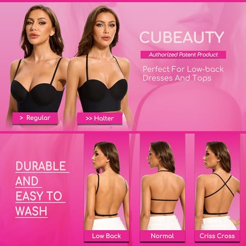 Low Back Bras for Women-Balconette Lightly Lined Seamless Invisible Backless Bra-Underwire Low Cut Multiway Halter Bras4