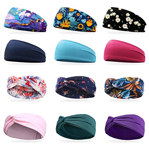 12pcs Boho Headbands for Women, Cross Elastic Hair Band, Stretchy Headwear, Sport Bands Hair Accessories for Girls (Style 2)