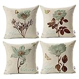 Monkeysell Pack of 4 Lotus Leaf Butterfly Flowers Pattern Cotton Linen Throw Pillow Case Boho Floral Printed Pillow Cushion Cover Home Sofa Decorative 18 X 18 Inch (Cushion Cover)