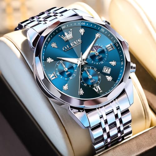 Image of OLEVS Watches for Men Stainless Steel Dress Men Watch with Date Big Face Chronograph Waterproof Luxury Fashion Watch Blue /Black /Gold /Green /Silver Face Relojes para Hombres